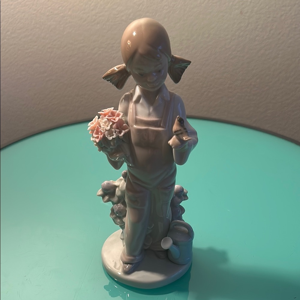 Vintage 1984 Lladro Figurine with Pink and Cream Accents , flowers and a bird.